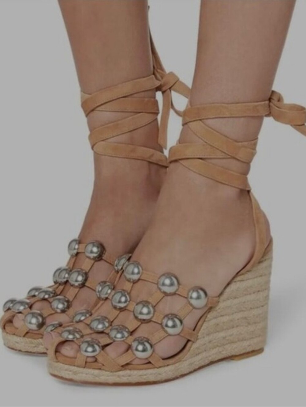 Alexander Wang Camel Studded Caged Wrap-Around Espadrille Wedge Sandals